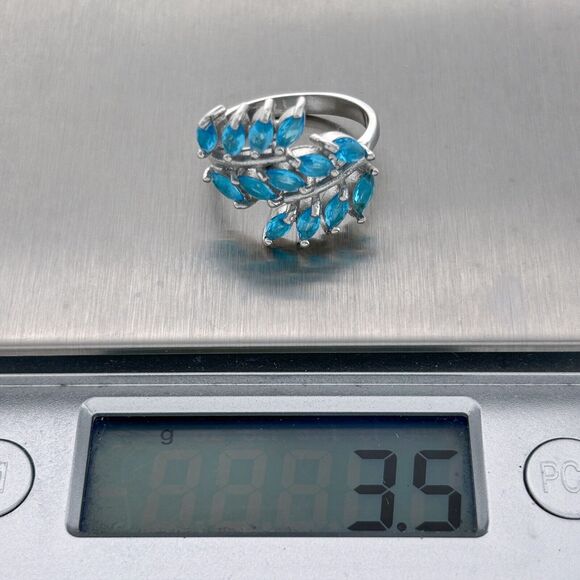 Vintage Sterling Silver 925 Three Row Blue Marquis Cubic Zirconia Ring Size 6 - Picture 6 of 9